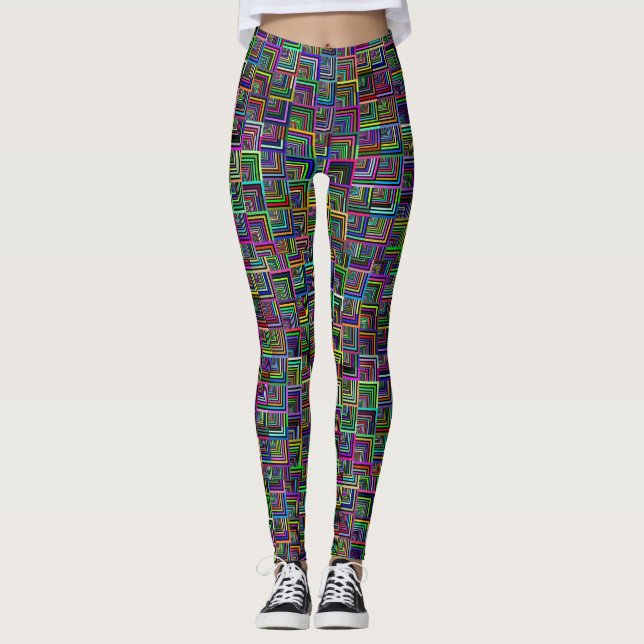 Färgrikt & Psychedelic kvadrerar på svart Leggings (Framsida)