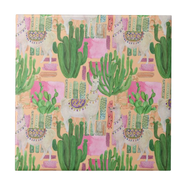 Färgrikt vattenfärgLlamamönster Kakelplatta (Framsidan)