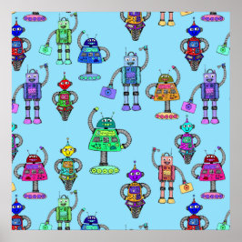 Färgrobotar i rött ljus på blå bakgrund poster