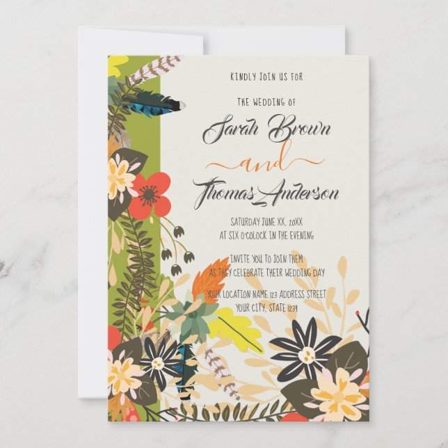 FÄRGRUNDGRÖNT BOHO-BLOMMIGT INBJUDNINGAR (Framsida)