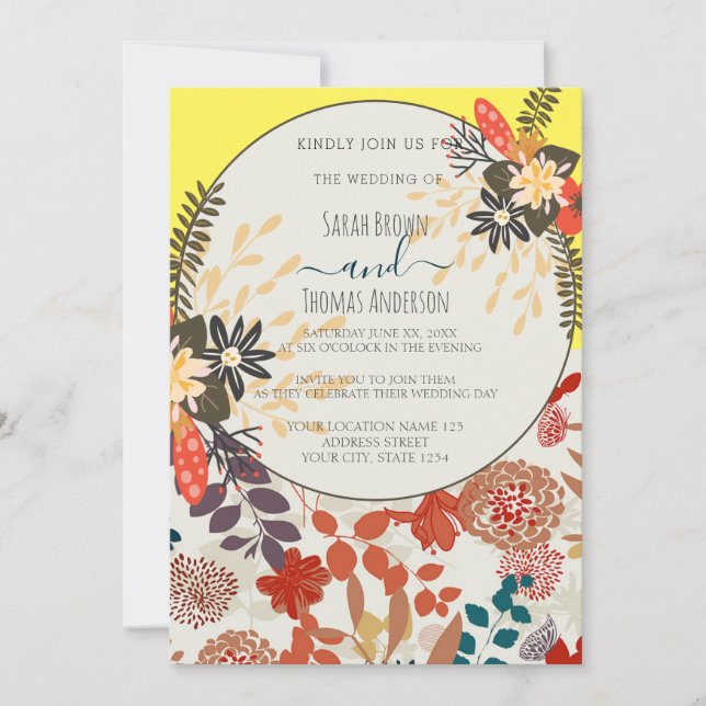 FÄRGRUNDGULT BOHO-BLOMMIGT INBJUDNINGAR (Framsida)