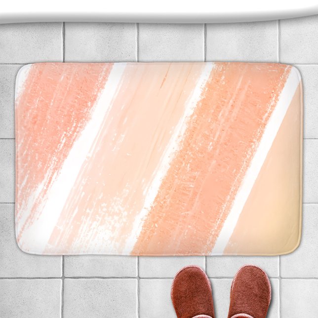 Färgruta för persikoral Rosa stripe-färgruta Badrumsmatta (Bath mat featuring a paint swatch in peach, coral and pink colors)