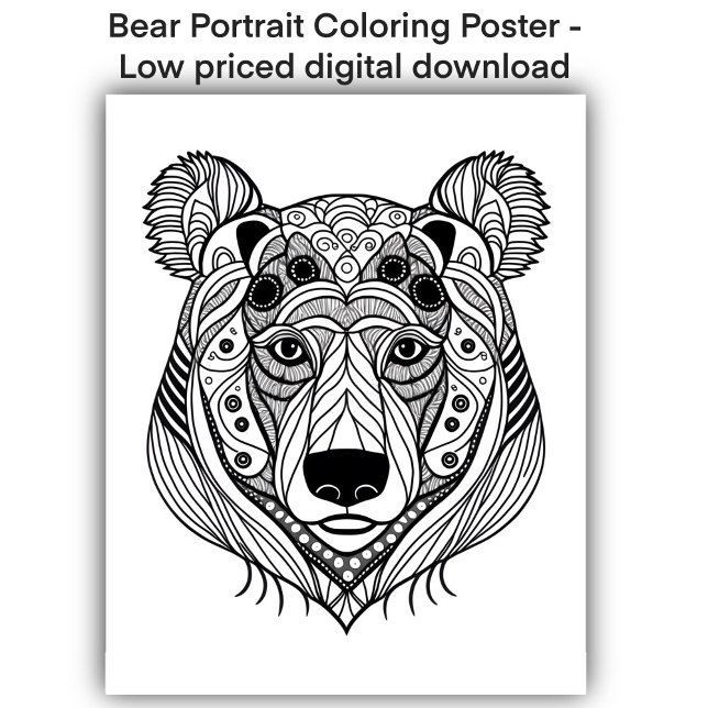 Färgsida - Björn Porträtt, Färg eget Poster (Image shows a stylized bear portrait as a coloring page available as a print or digital download)