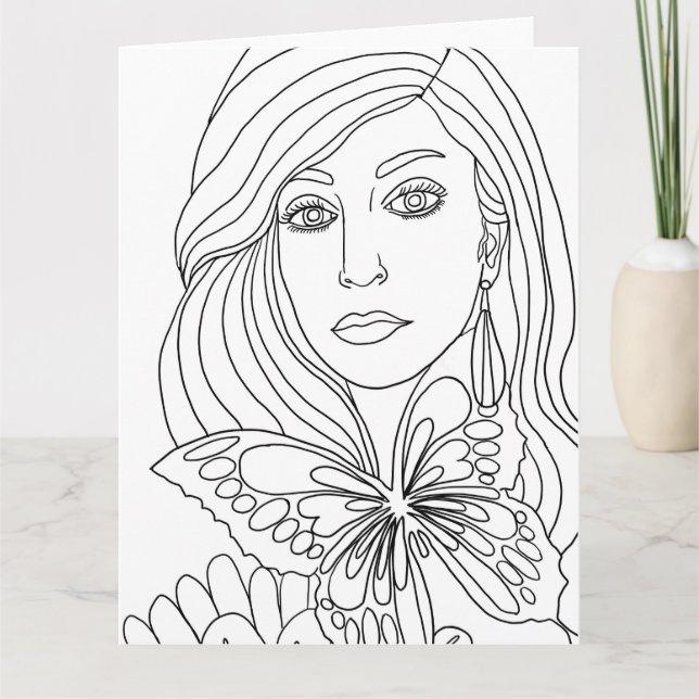 Färgsida för Butterfly Girl Womans ansikte Kort (Framsida)