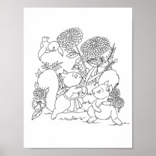 Färgsida för ekorrar Flowers Forest Animals Poster