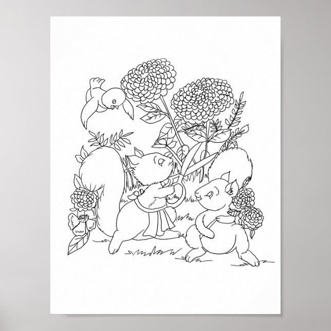 Färgsida för ekorrar Flowers Forest Animals Poster (Framsidan)