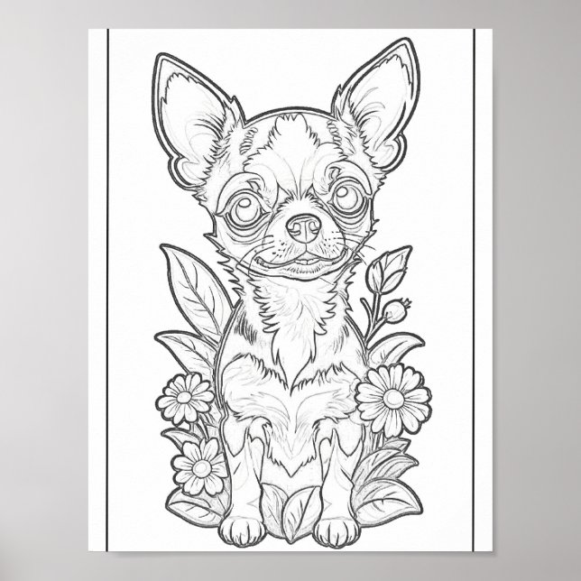 Färgsidan Chihuahua med Daisy Blommor Poster (Framsidan)