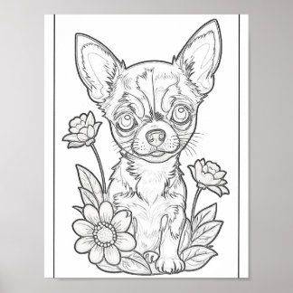 Färgsidan Chihuahua Puppy och Flowers Poster