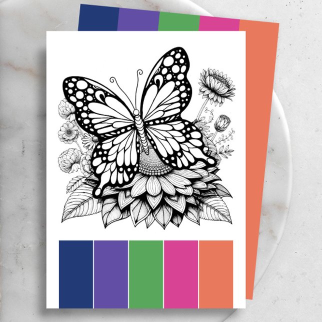 Färgsidor för fjäril-Vuxen och Färg-palett Inbjudningar (Butterfly coloring pages for adults color theory cards feature a color palette. Match your media)