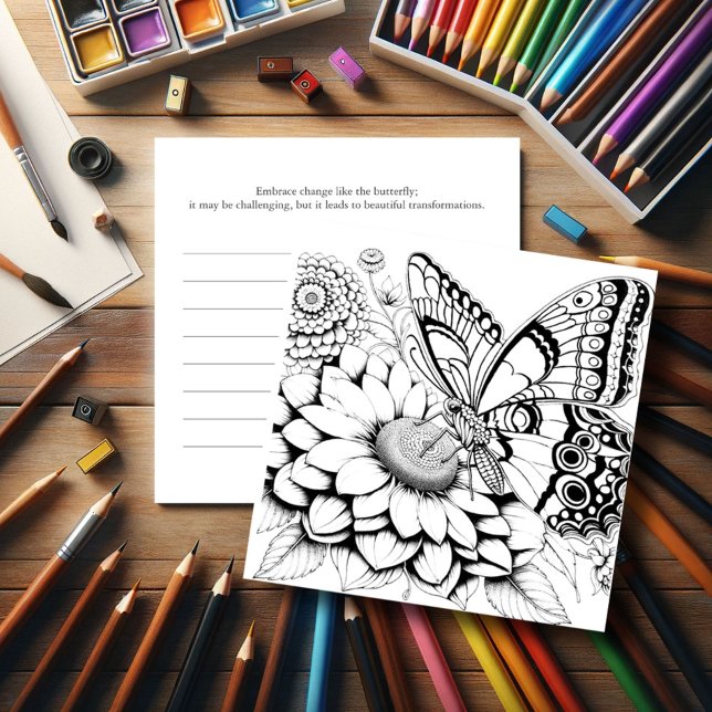 Färgsidor med fjäril med Journal Inbjudningar (Butterfly coloring pages with journal for adult women.)