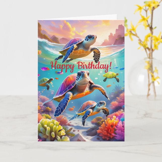 Färgsköldpaddor, 5-tums x 7-tums veckors födelseda kort (Gul blomma)