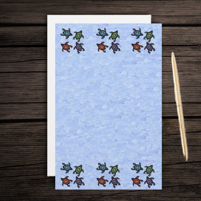 Färgsköldpaddor av Abstrakt Brevpapper (Bunch of colourful abstract turtles on patterned light blue stationery writing paper.)