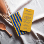 Färgskrift Italienska Streck Bröllop Meny<br><div class="desc">En färgstark funky,  en modern blå och gult skriftlig meny. Och hand plockade gult och blå streck på baksidan. Perfekt och matchning med hela sviten. bröllop middag-menyn. Med chicens malldesign av bakgrunden till boho vintage gult och blå typografi.</div>