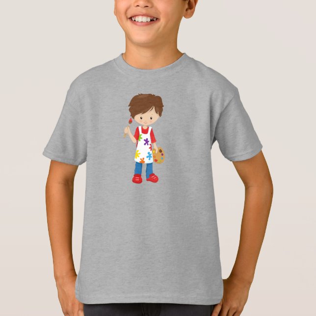 Färgskrivare, färgartist, cute Boy, Brown Hair T Shirt (Framsida)