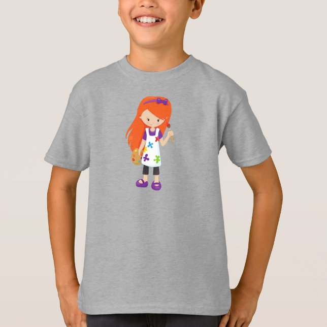 Färgskrivare, färgkonstnär, Cute Girl, Orange Hair T Shirt (Framsida)