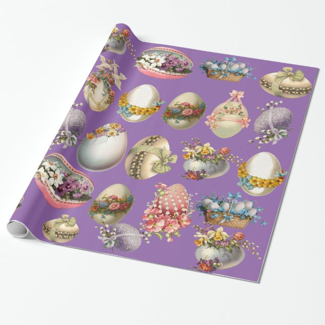 FÄRGSKYLDIGA PÅSKÄGG,BLOMMOR,VITA DOVER I LILA PRESENTPAPPER (Utrullad)