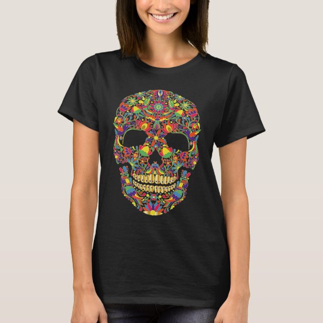 Färgsocker döskallar med fåglar Dia De Los Muerto T Shirt (Framsida)