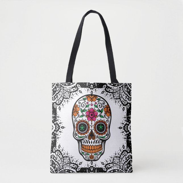 Färgsocker Skull Black Paisley Ram Tygkasse (Framsida)