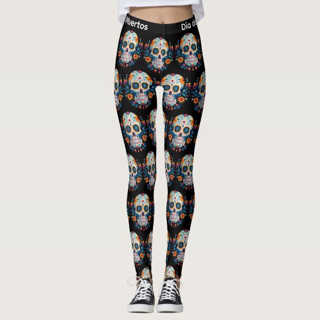 Färgsocker Skull Día de los Muertos Leggings (Framsida)