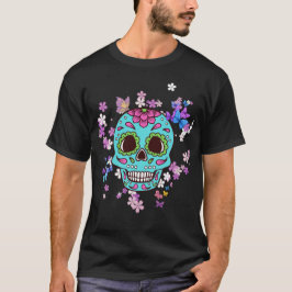 Färgsocker Skull med blommor och fjärilar T Shirt