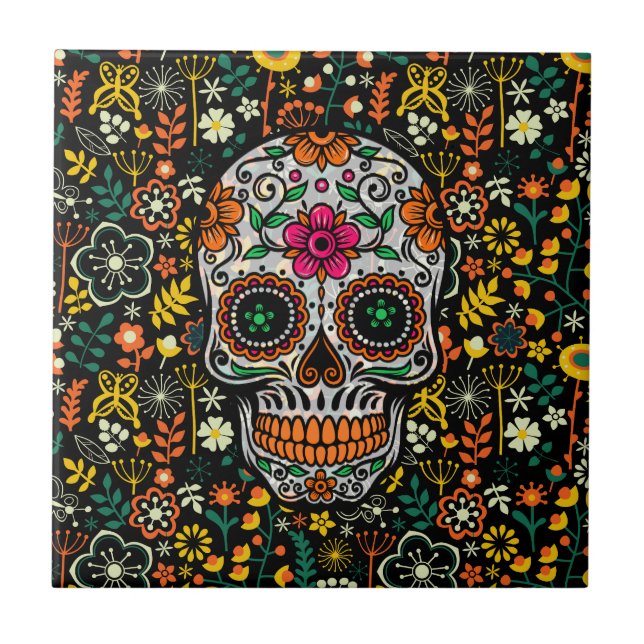 Färgsocker Skull med Retro Flowers bakgrund Kakelplatta (Framsidan)