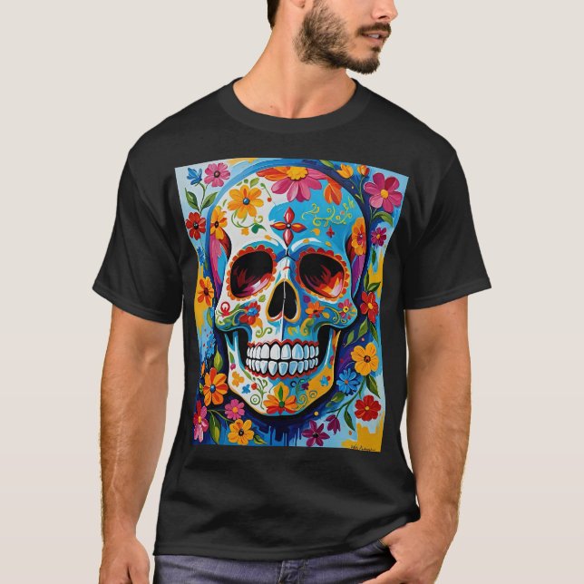 Färgsocker Skullblomning Art Shirt T Shirt (Framsida)