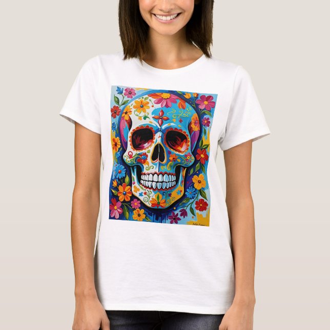Färgsocker Skullig Blommigt Art T-Shirt (Framsida)