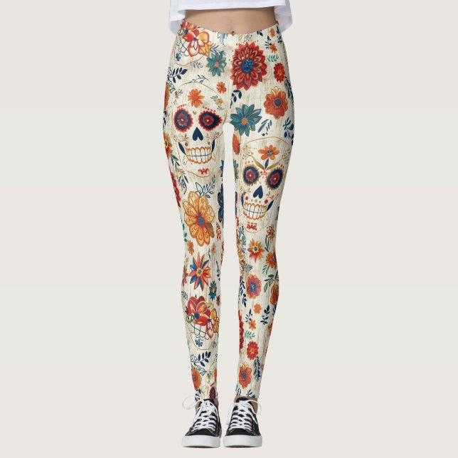 Färgsocker Skullig Blommigt Retro Day of the dead Leggings (Framsida)