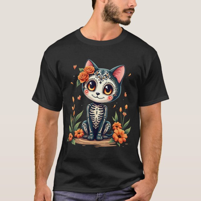 Färgsocker Skullkatt Mexikanska Halloween T Shirt (Framsida)