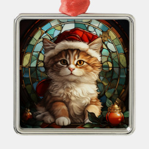 FÄRGSTAINERAD GLAS-ORANGE, TABBY KITTEN JULGRANSPRYDNAD METALL