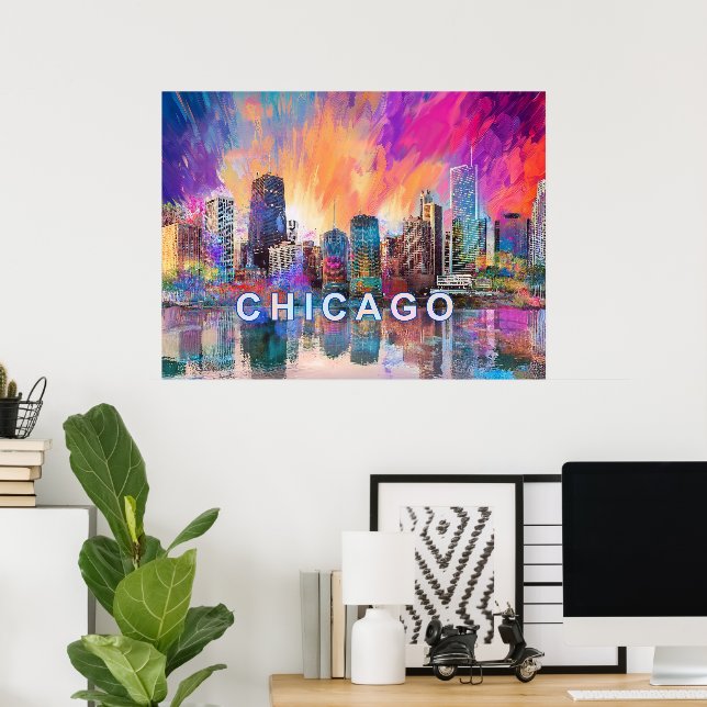 Färgstark Abstrakt Konst Affisch Chicago Siluett (Hemmakontoret)