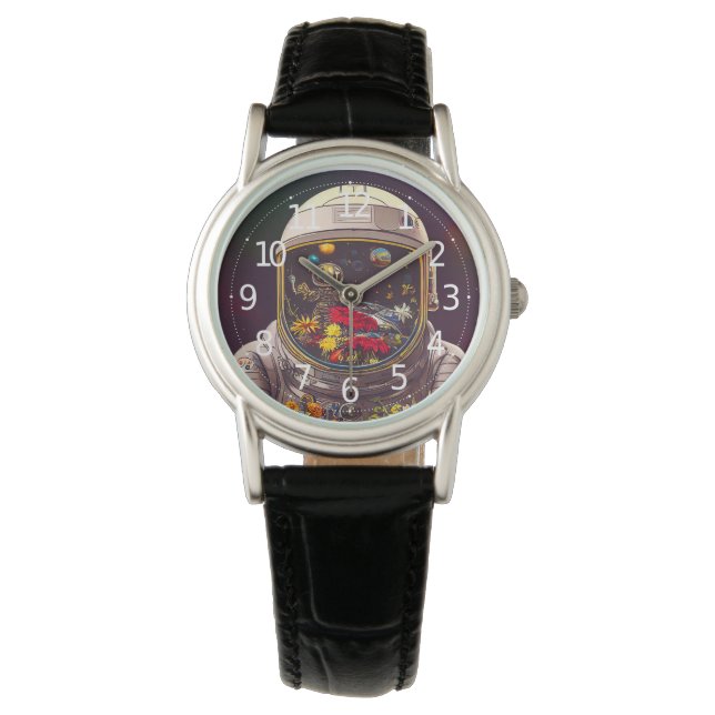 Färgstark astronaut i rymden med blommor | armbandsur (Framsida)