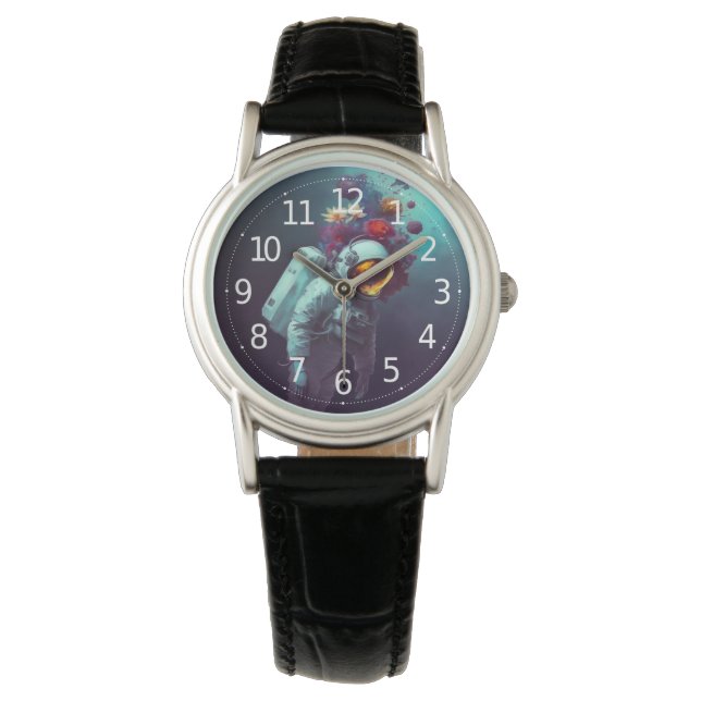 Färgstark astronaut i rymden med blommor | armbandsur (Framsida)