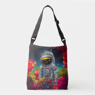 Färgstark astronaut i rymden med blommor axelväska