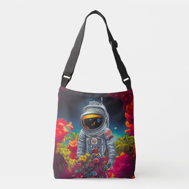 Färgstark astronaut i rymden med blommor | axelväska (Framsida)