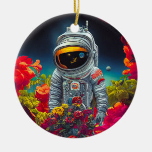 Färgstark astronaut i rymden med blommor julgransprydnad keramik