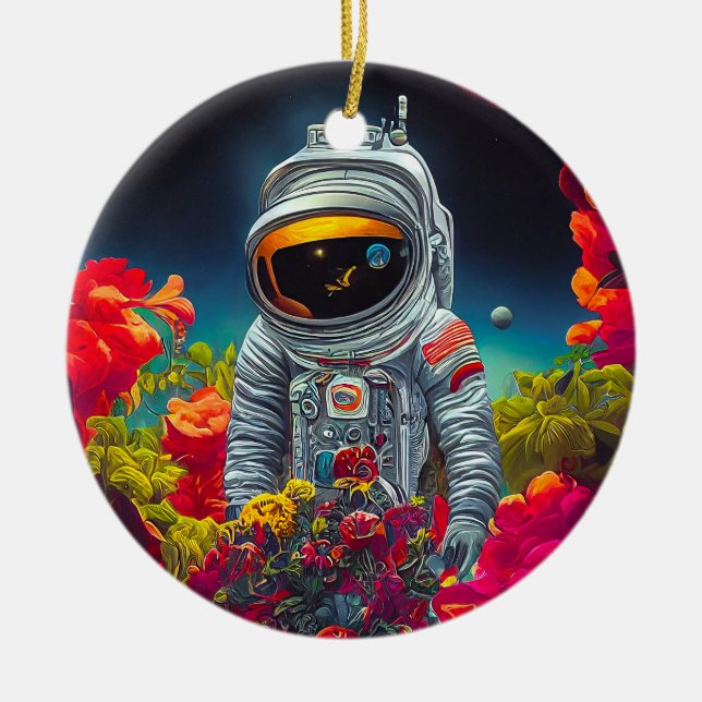 Färgstark astronaut i rymden med blommor | julgransprydnad keramik (Framsidan)