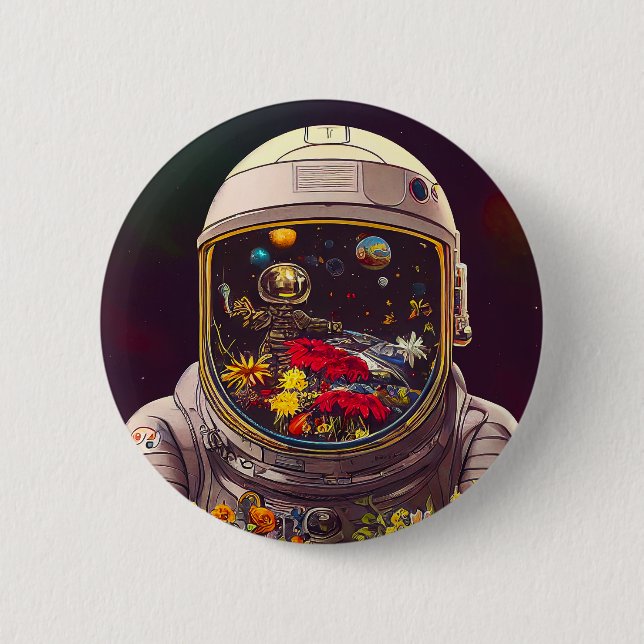 Färgstark astronaut i rymden med blommor | knapp (Framsida)
