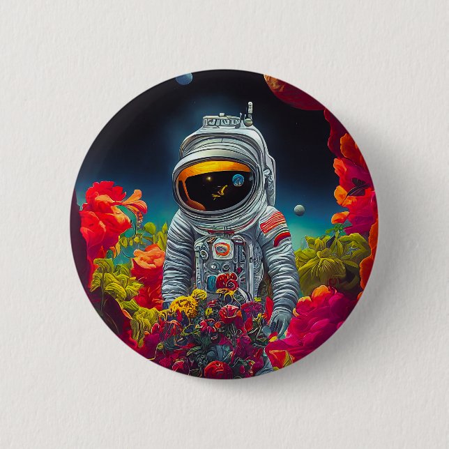 Färgstark astronaut i rymden med blommor | knapp (Framsida)