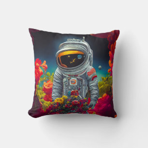 Färgstark astronaut i rymden med blommor   kudde