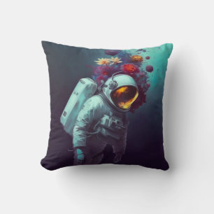Färgstark astronaut i rymden med blommor kudde