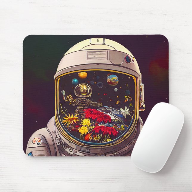Färgstark astronaut i rymden med blommor | musmatta (Med mus)