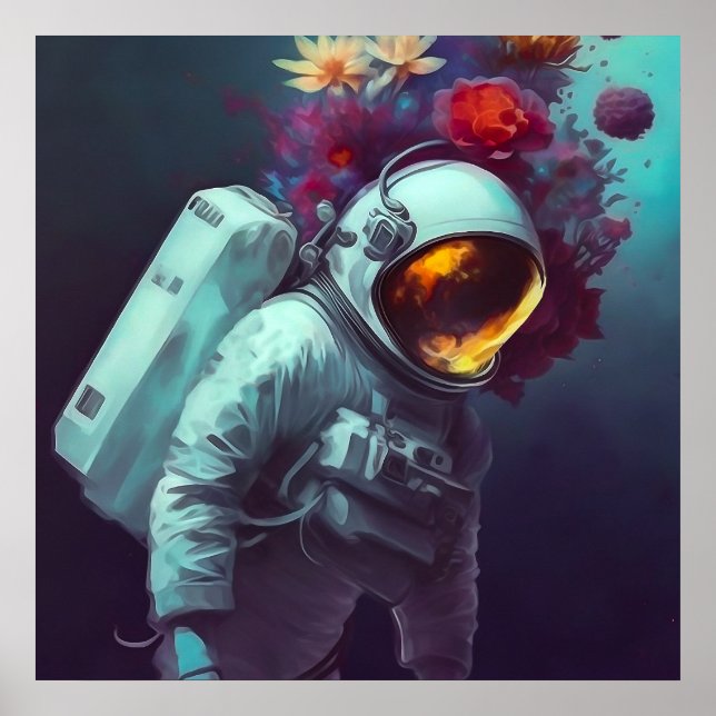 Färgstark astronaut i rymden med blommor | poster (Framsidan)