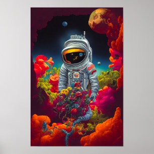 Färgstark astronaut i rymden med blommor poster