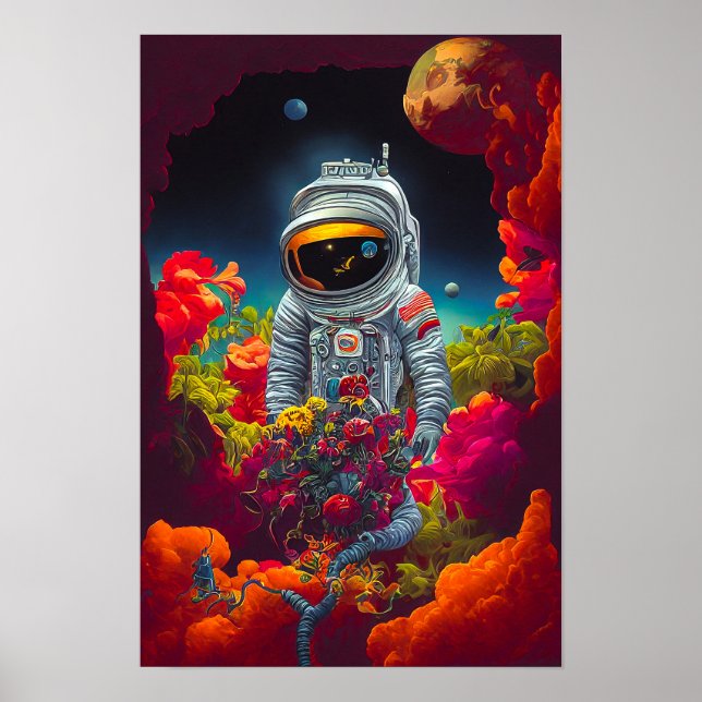 Färgstark astronaut i rymden med blommor | poster (Framsidan)