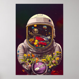 Färgstark astronaut i rymden med blommor poster