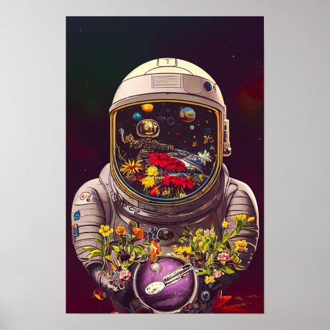 Färgstark astronaut i rymden med blommor | poster (Framsidan)
