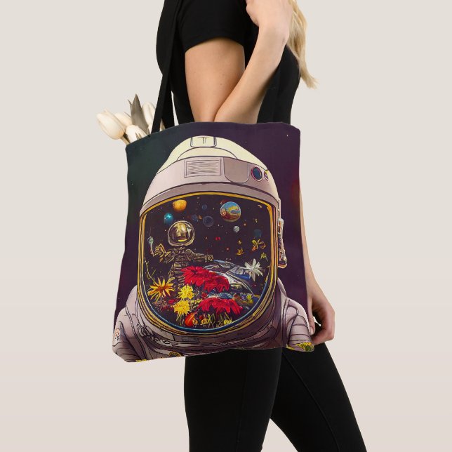 Färgstark astronaut i rymden med blommor | tygkasse (Närbild)