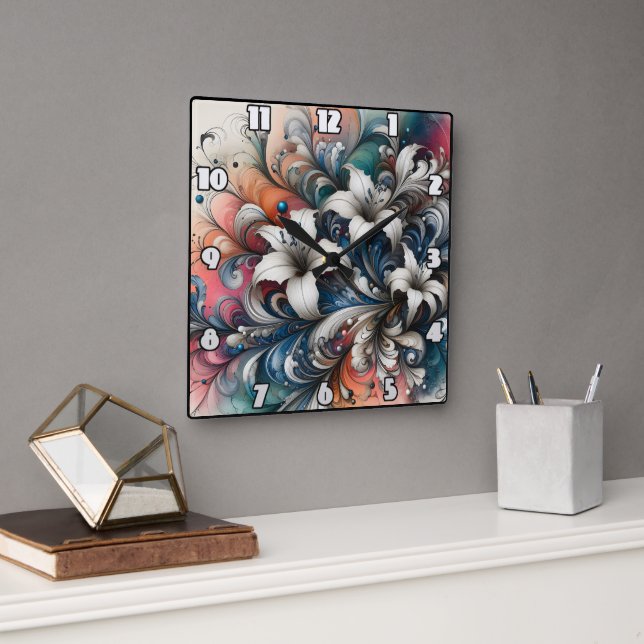 Färgstark Blommigt med vita filéer Fyrkantig Klocka (Kontor)