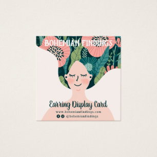 Färgstark blommönster boho illustration öronring fyrkantigt visitkort